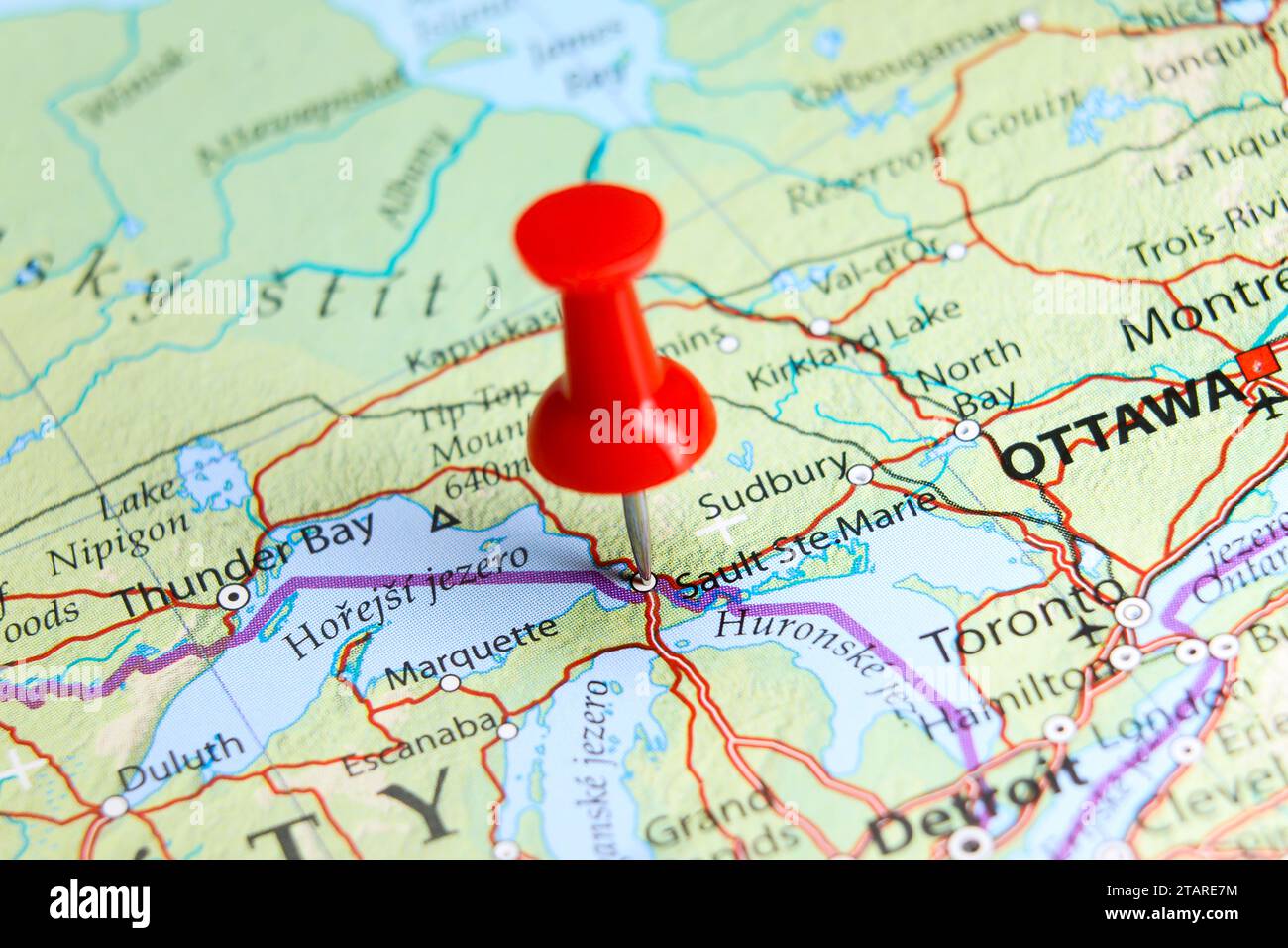Sault Ste. Marie, Canada pin on map Stock Photo