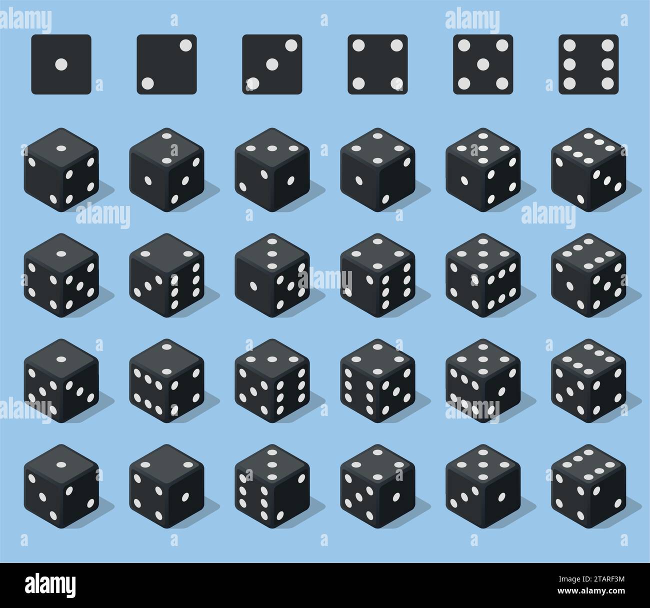 Set 24 authentic icons of dice in all possible turns. Twenty four variants loss dice. Black game cubes isolated on blue background. Board games dice Stock Vector