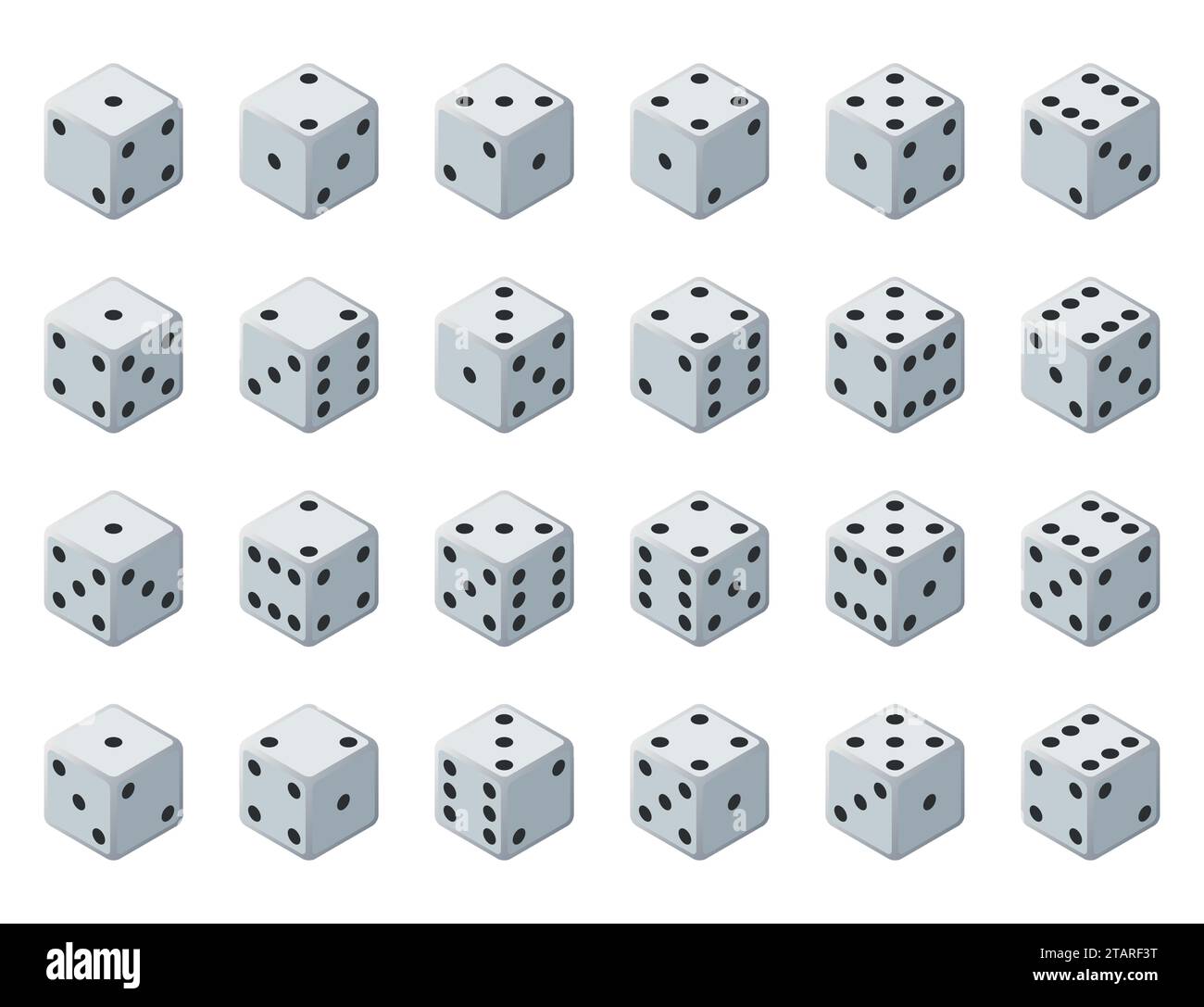 Set 24 authentic icons of dice in all possible turns. Twenty four variants loss dice. White game cubes isolated on white background. Board games dice Stock Vector