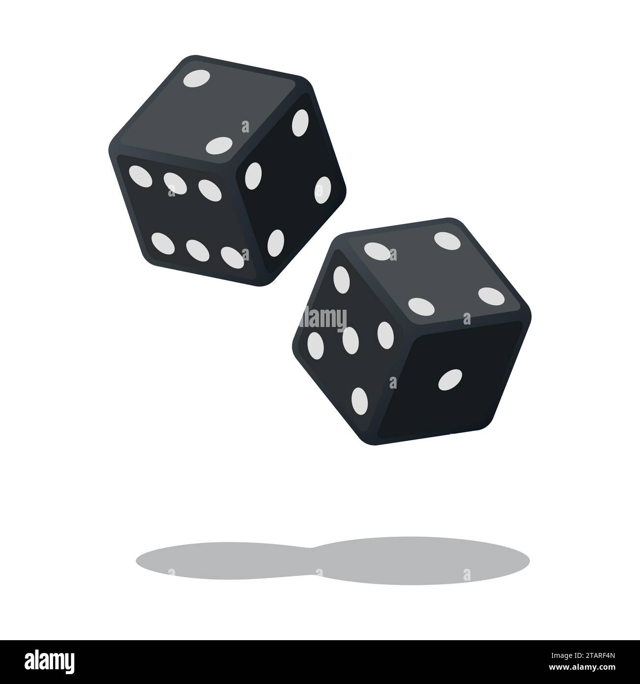 Two black dices isolated on white background with shadow. Dice gambling