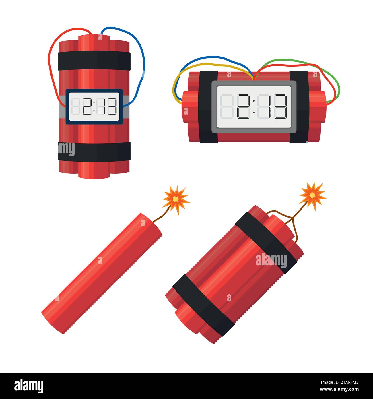 Set dynamite bombs explosion with timer detonate and wire, dynamite with burning wick isolated on white background. Vector dynamite bomb danger Stock Vector