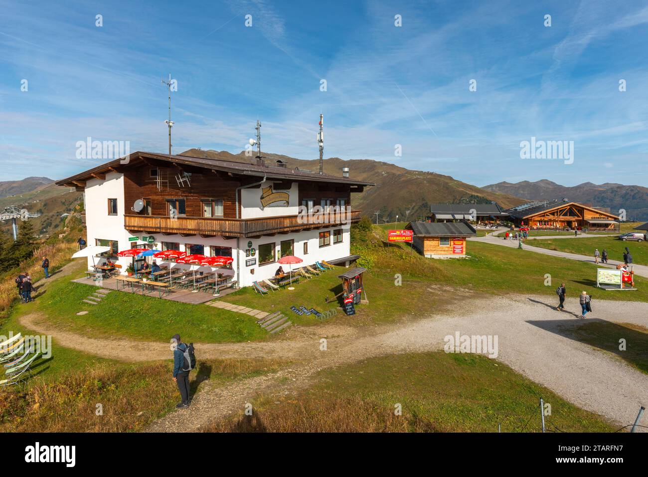 Restaurant Penkenjochhaus, Penken, Penkenjoch (2) (095m), hiker, municipality of Finkenberg, Tux Valley, Zillertal Alps, alpine mountain world, blue Stock Photo
