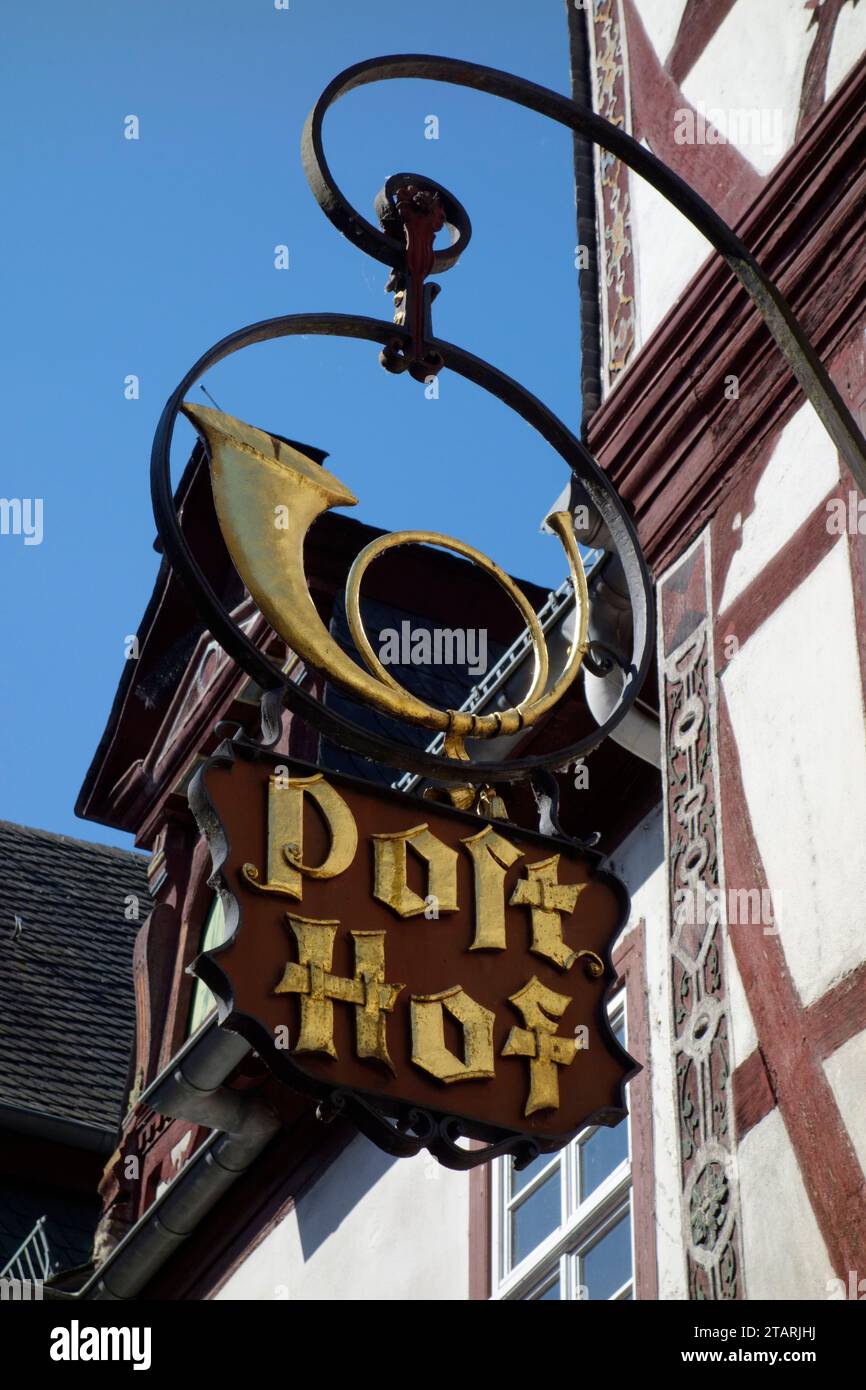 Sign for the old 'Post Hof' in Bacharach, Germany Stock Photo
