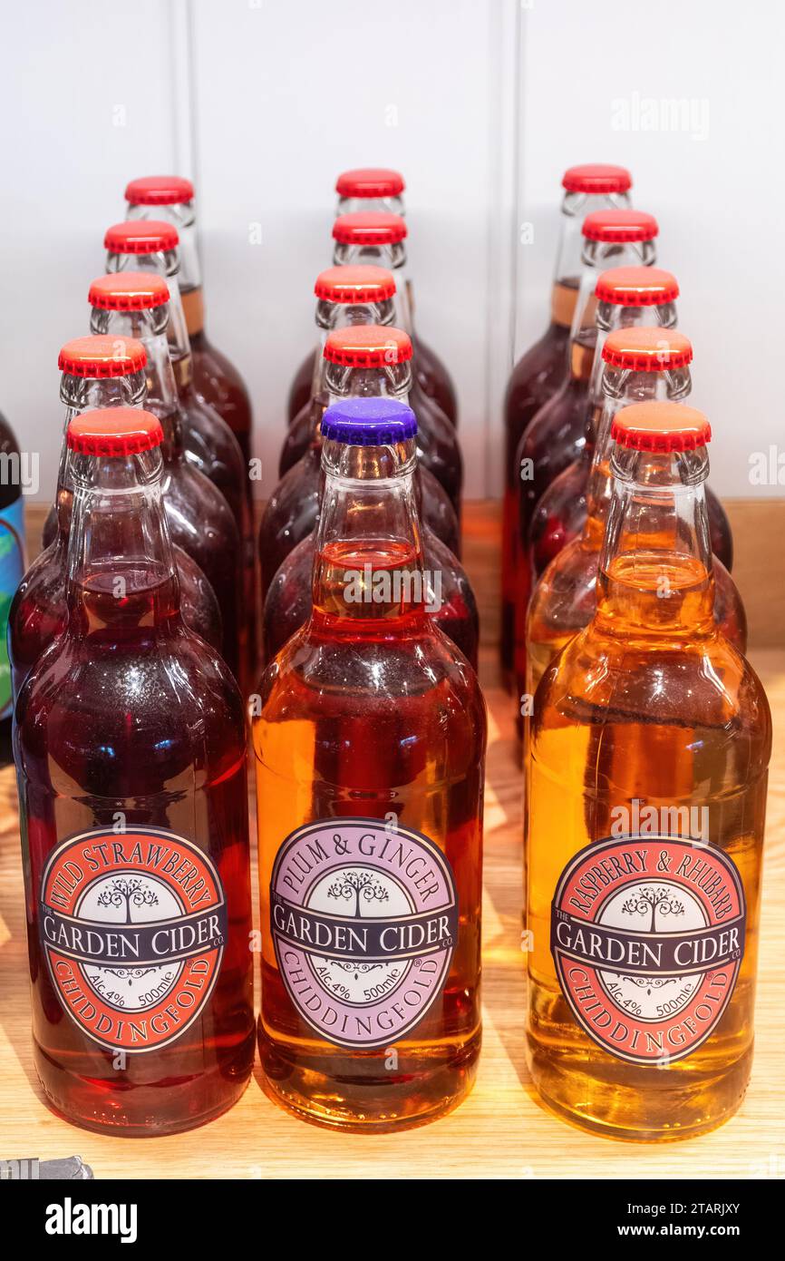 Bottles of craft cider on sale, Chiddingfold ciders made by the Garden Cider Company, Surrey, England, UK Stock Photo