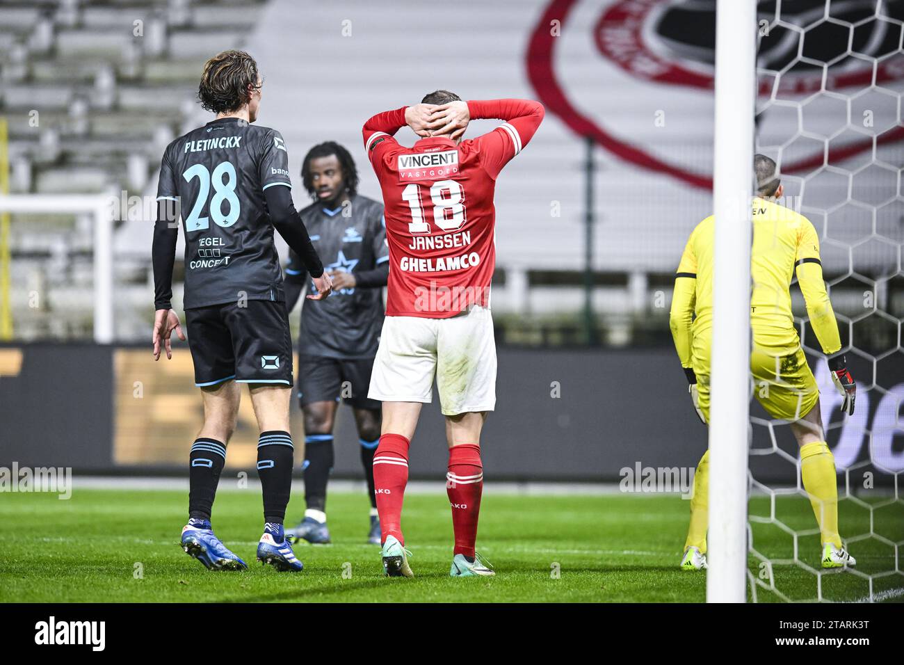 Antwerp, Belgium. 02nd Dec, 2023. Antwerp's Vincent Janssen reacts after missing a chance during