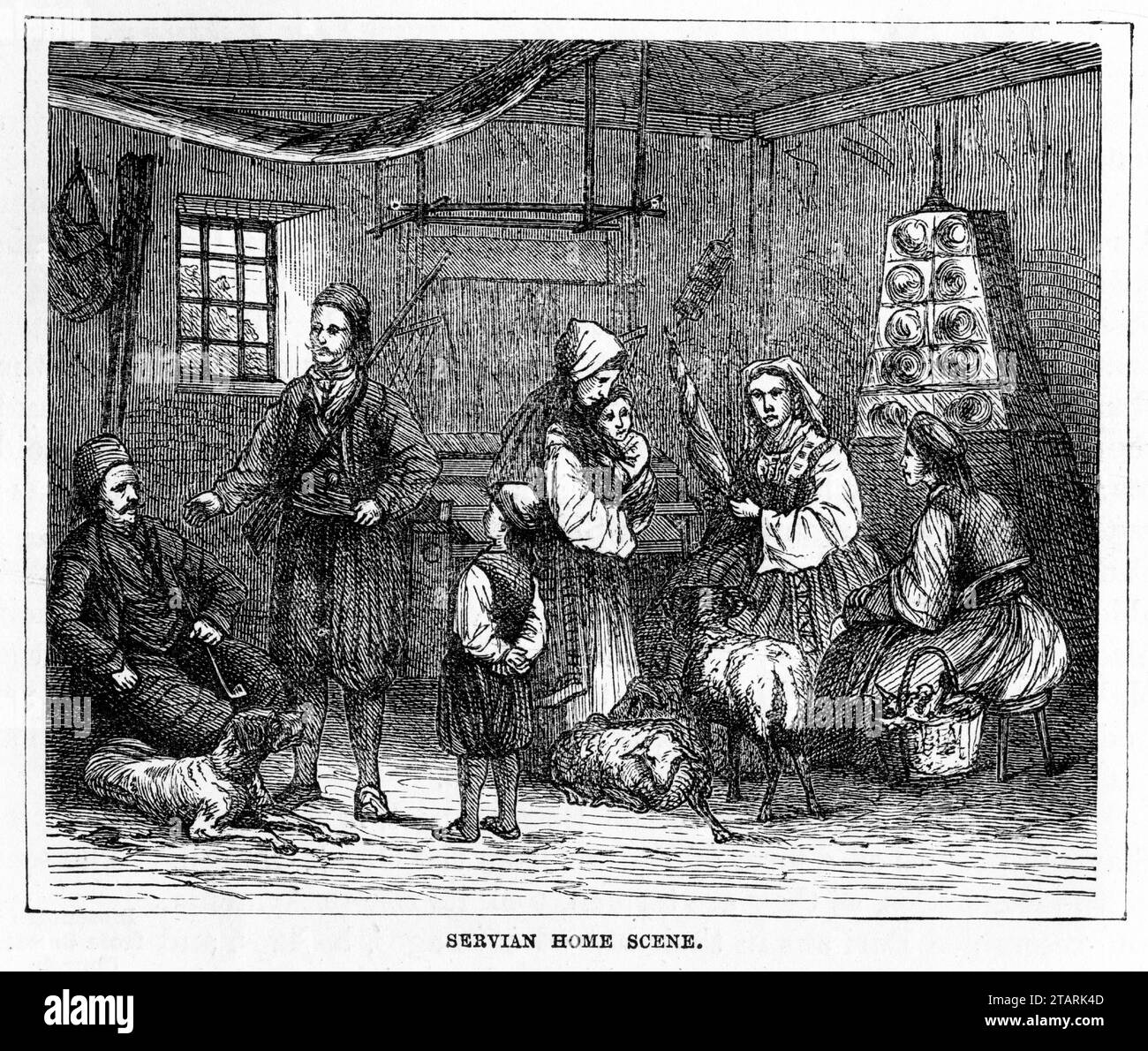 Engraved portrait of Servian home scene with people in traditional costumes. Published circa 1887 Stock Photo