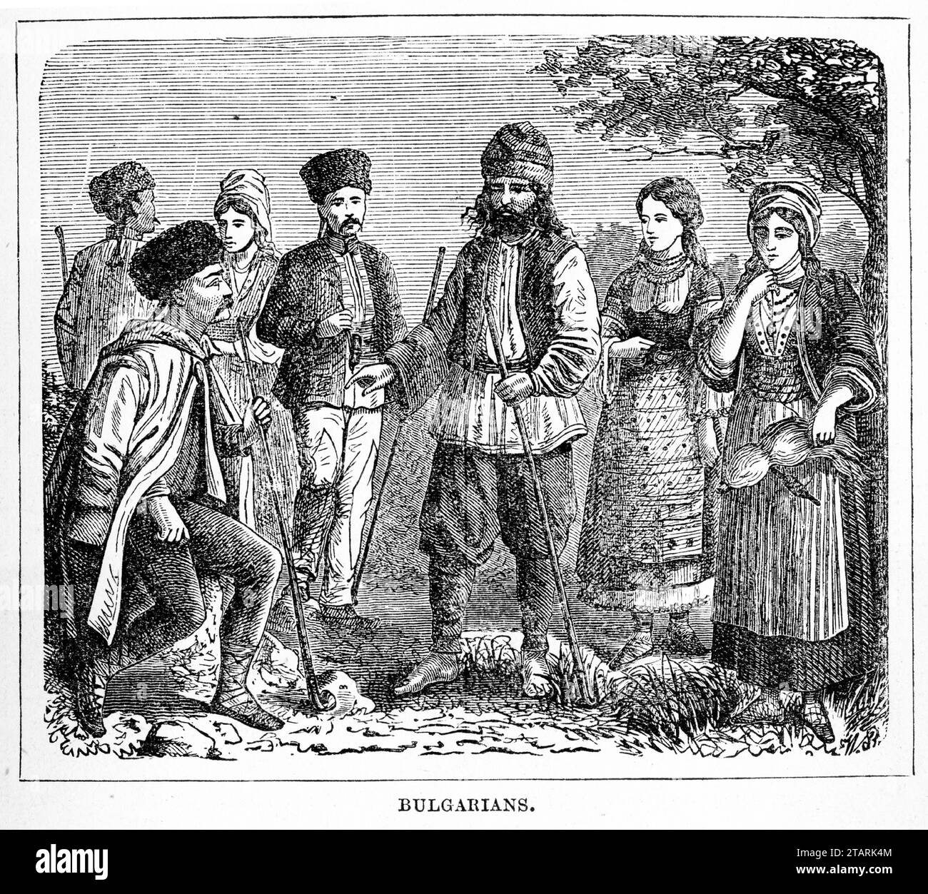 Engraved portrait of a group of Bulgarians in traditional costumes