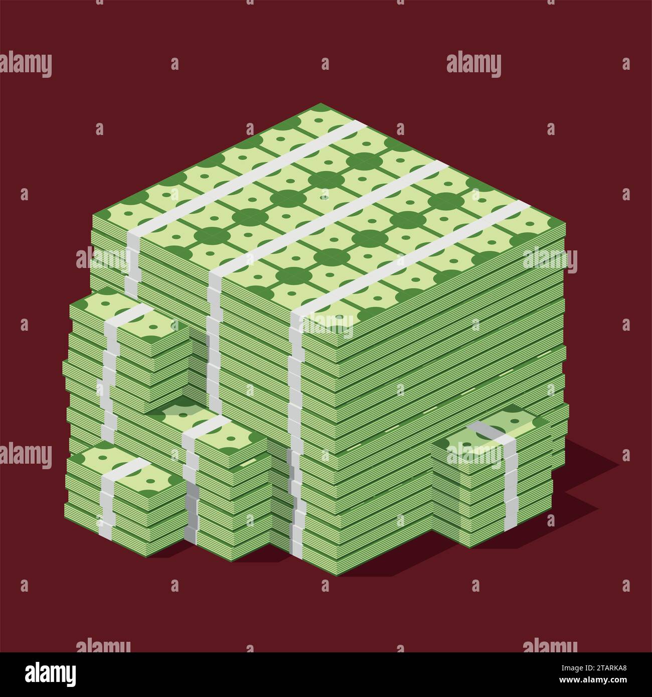 Big stacked pile of cash. Hundreds of dollars in flat style isometric. Huge stacked pile of hundred us dollar cash. Big money concept. Vector illustra Stock Vector