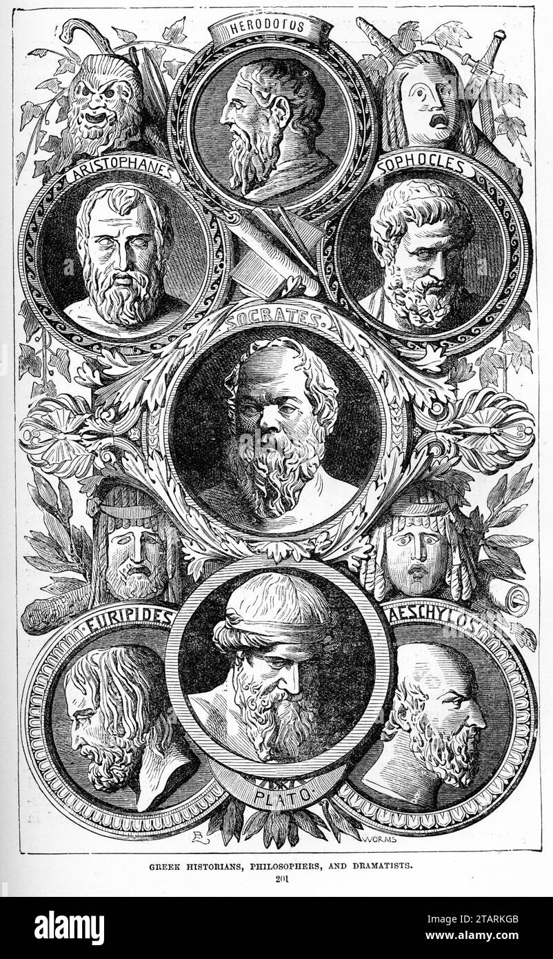 Portraits of famous Greek historians, philosophers and dramatists, including Euripides;Sophocles, Socrates, Aeschylos, Plato, Heredotus and Aristophanes Published circa 1880 Stock Photo