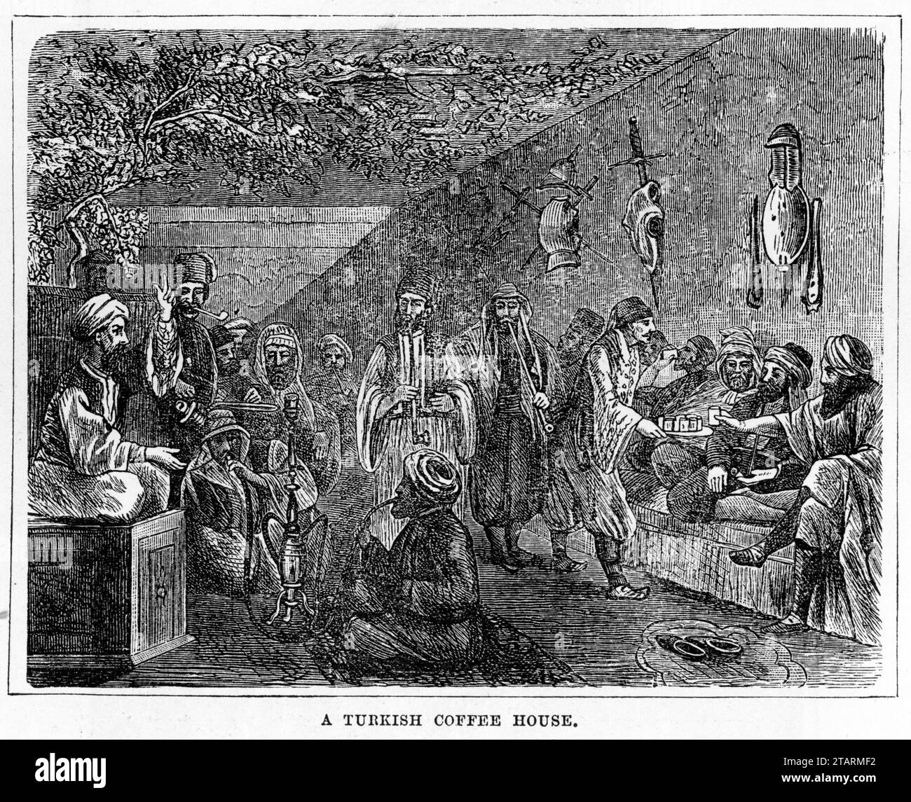 Engraving of a Turkish coffee house. Published circa 1887 Stock Photo