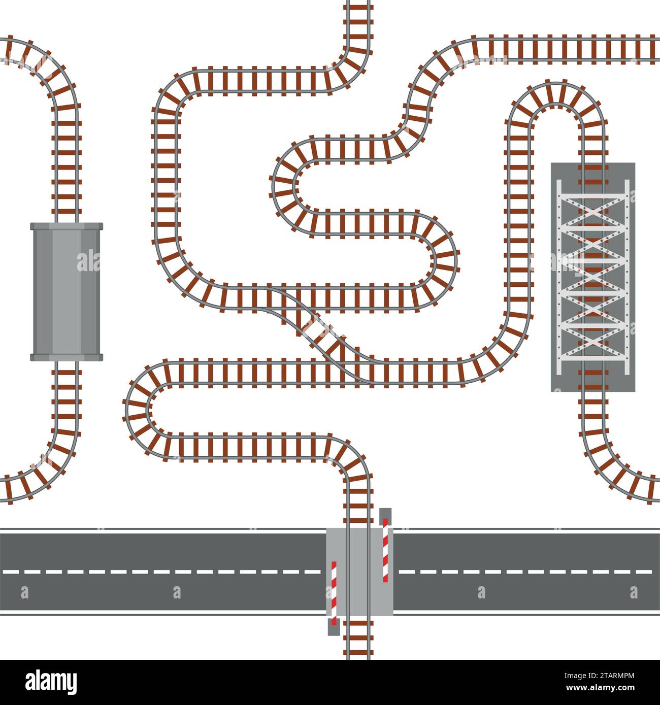 Railway seamless pattern, rail or railroad top view. Train transportation track made of steel and wood, rail wavy or curvy, straight connections. Stock Vector