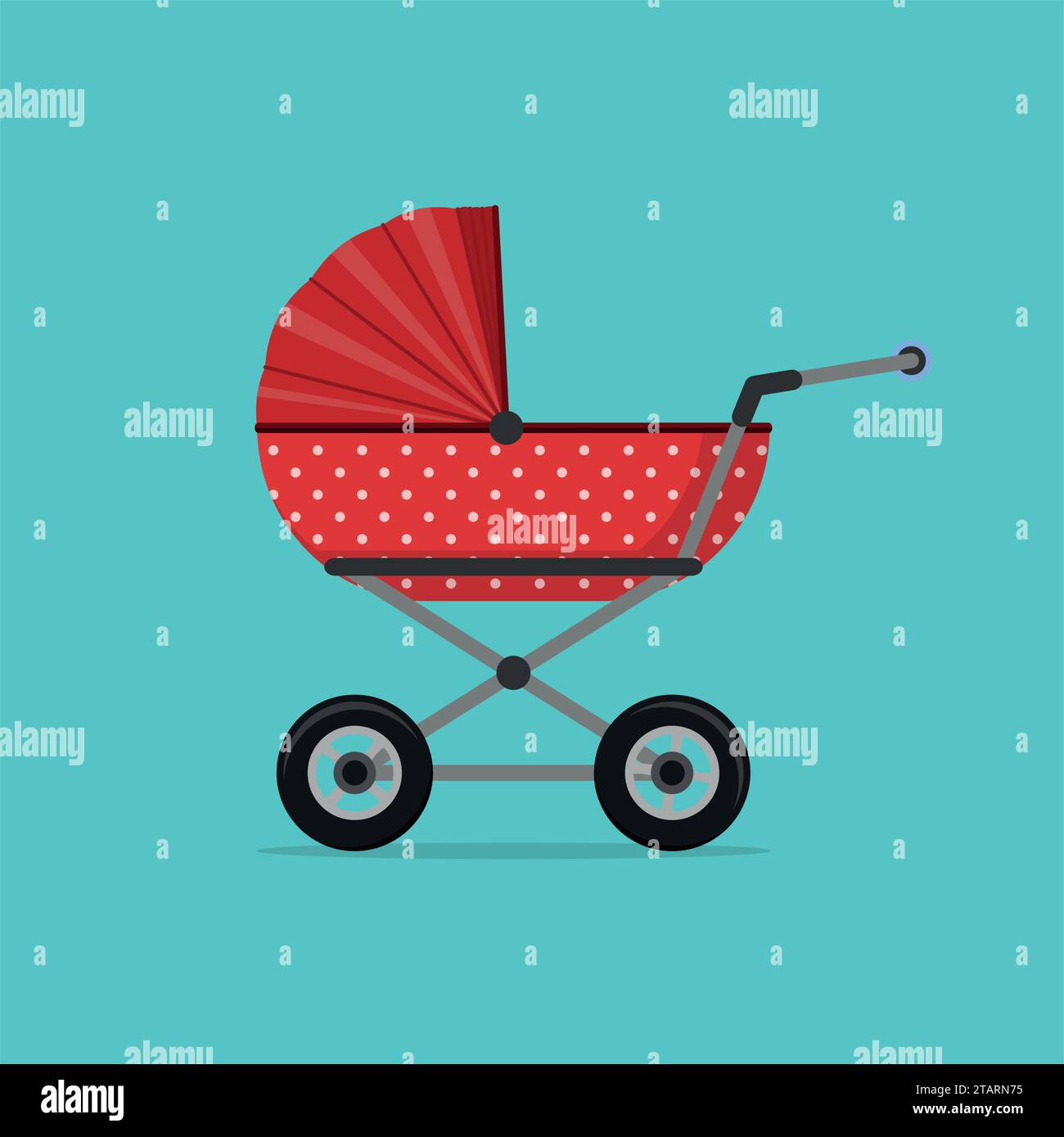 Baby stroller red isolated on blue background. Children pram, baby