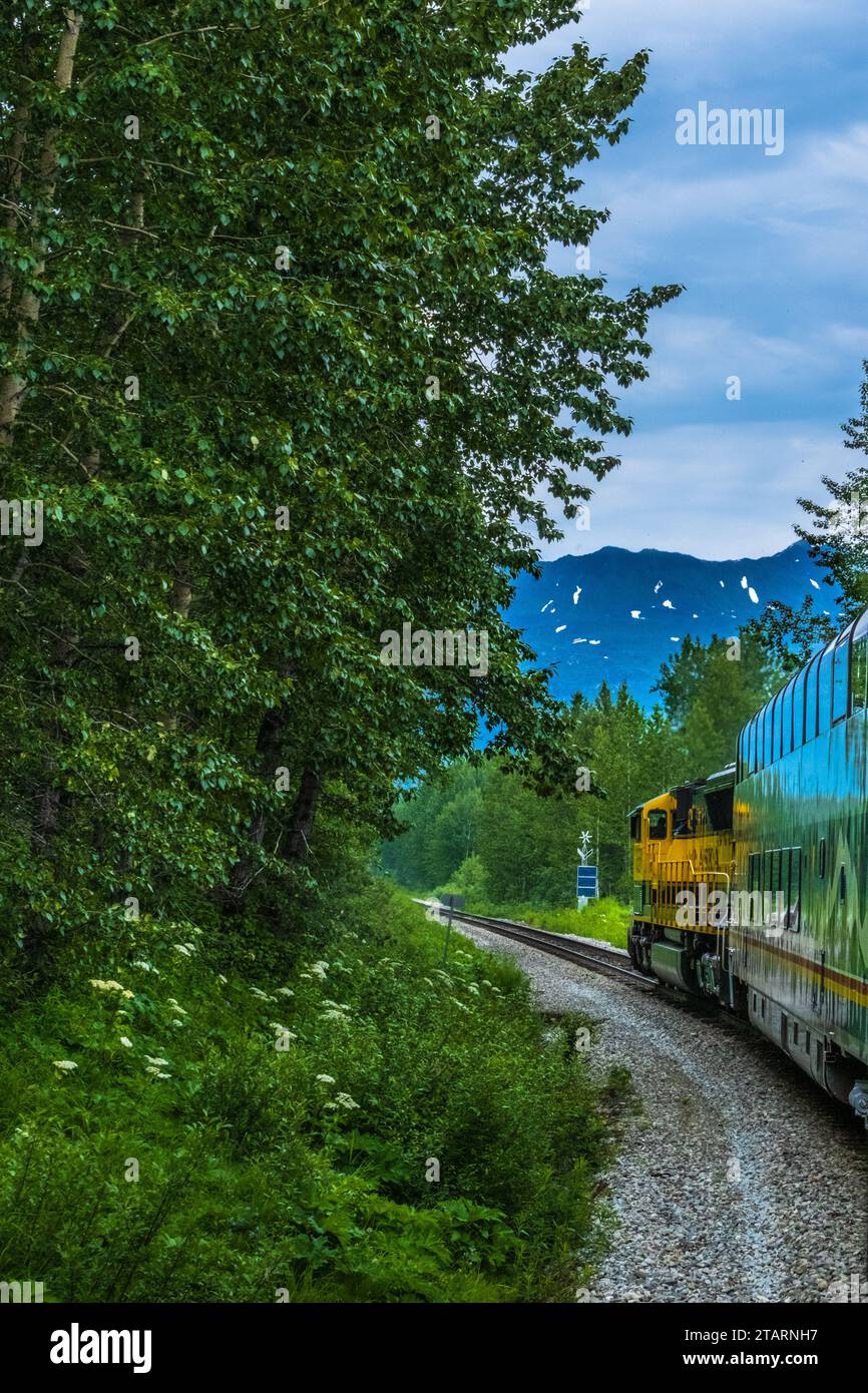 Alaska Railroad locomotive and passenger cars travelling though Alaska Stock Photo