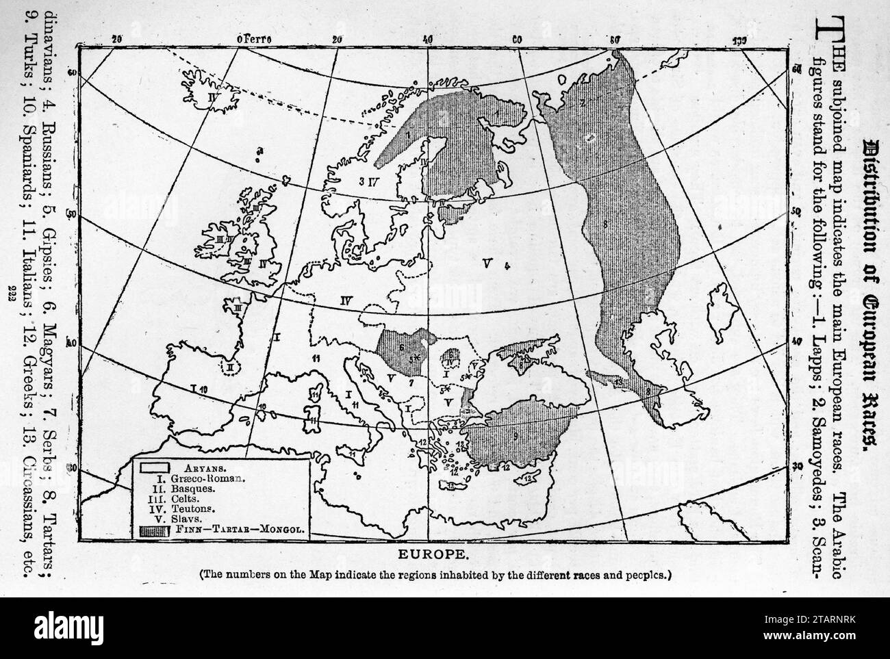 Map showing the distribution of European races. Published circa 1887 Stock Photo