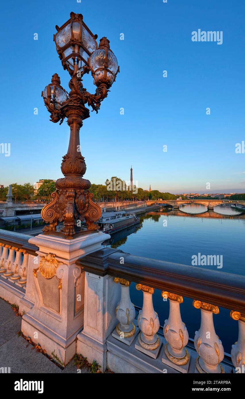 Fragment of Alexander III Bridge at sunrise, Paris Stock Photo
