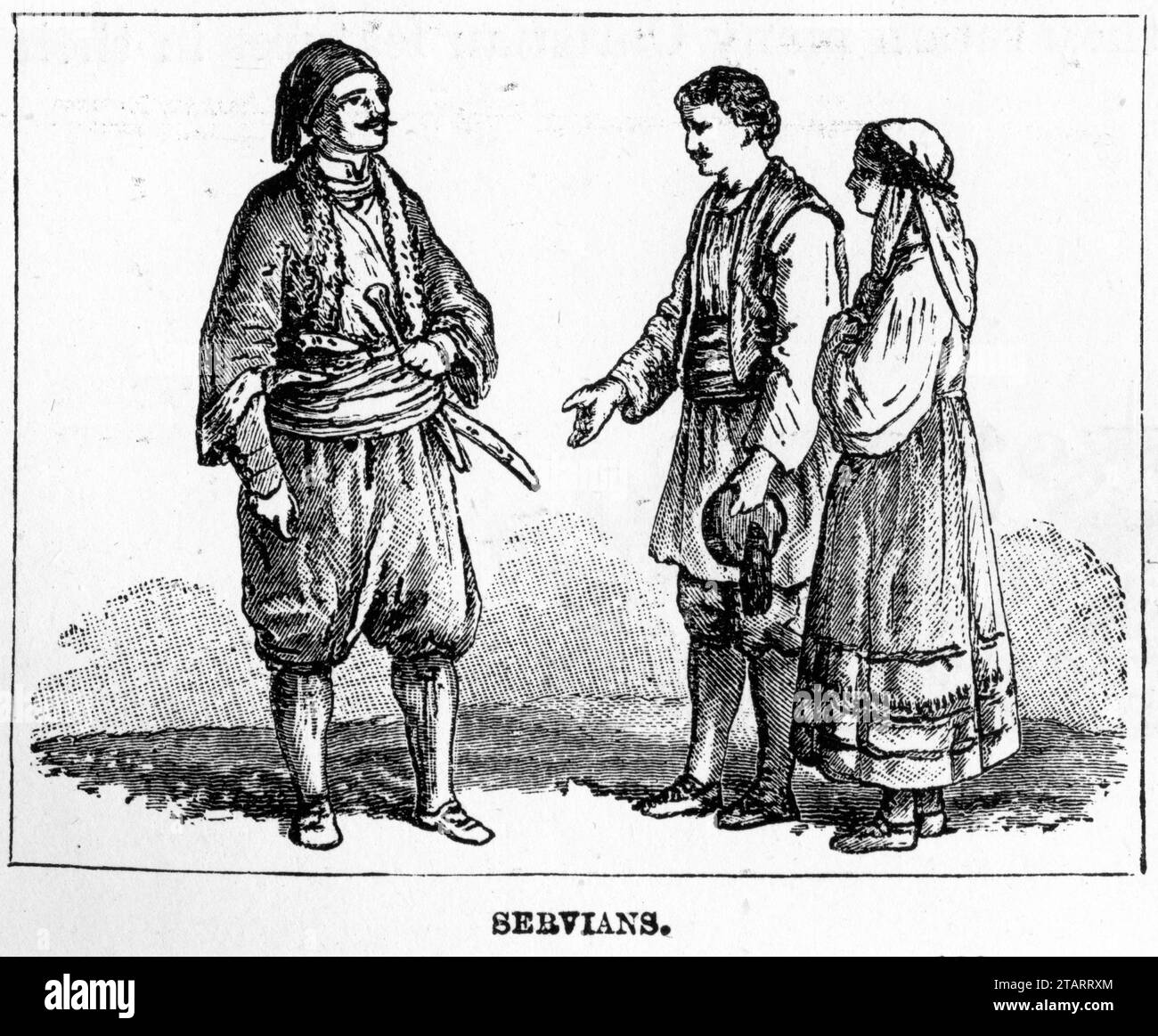 Engraved portrait of Servian peasants in traditional costumes