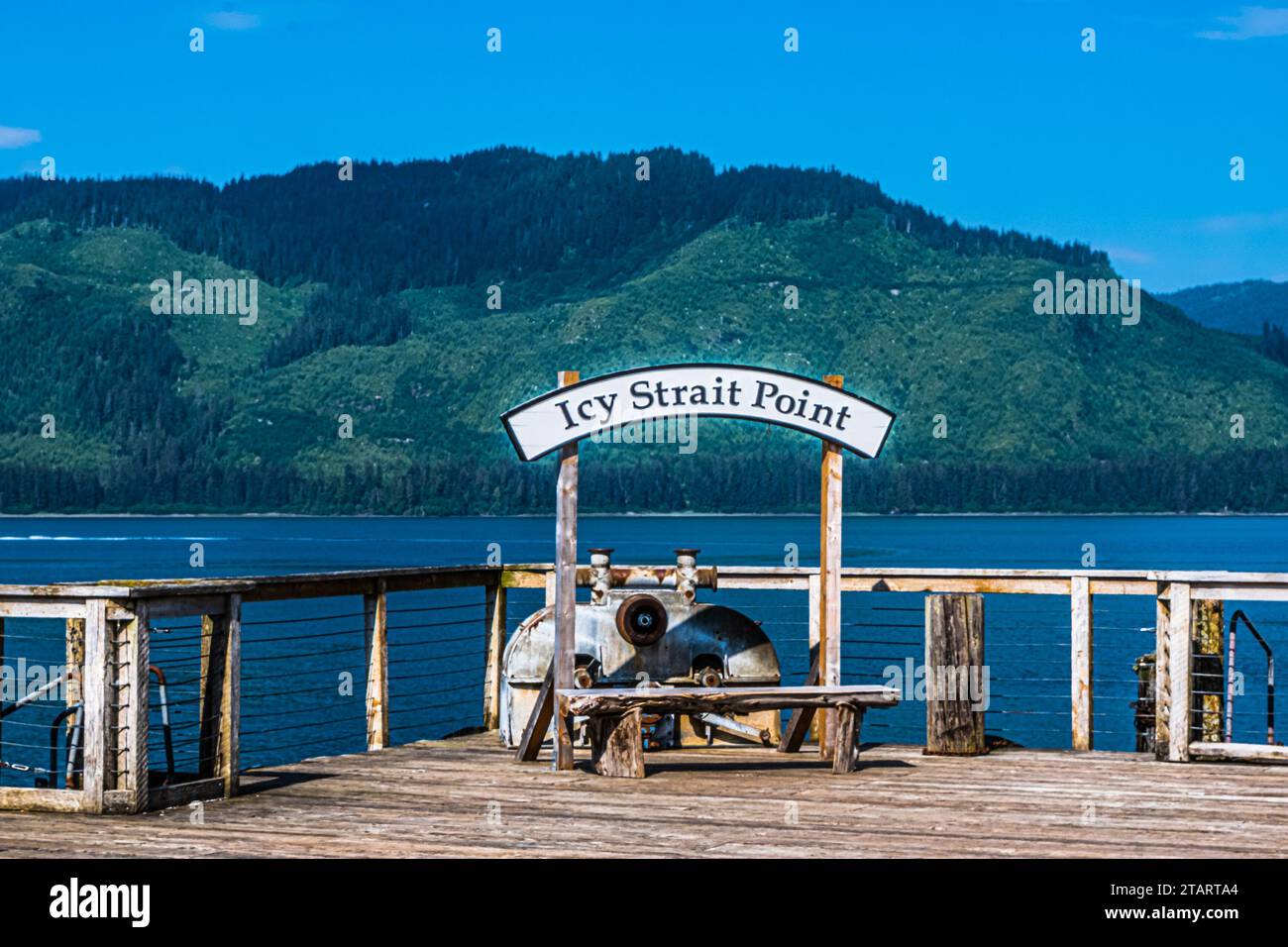 Icy Strait Point Sign on harbor dock at Hoonah, Icy Strait Point Alaska