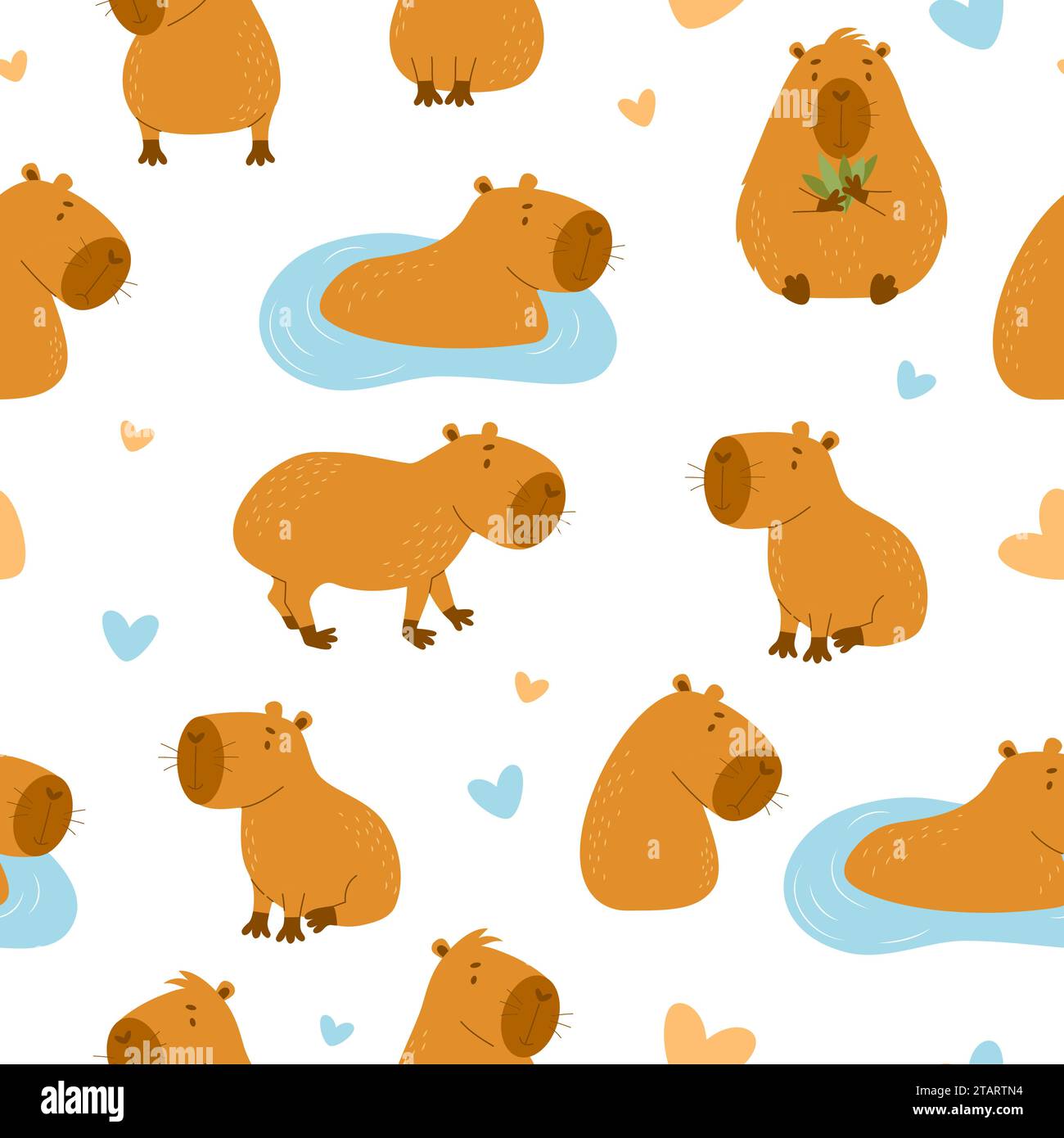 Seamless pattern. Cute capybaras on white background. Vector illustration for design, wallpaper, packaging, textile. kids collection Stock Vector
