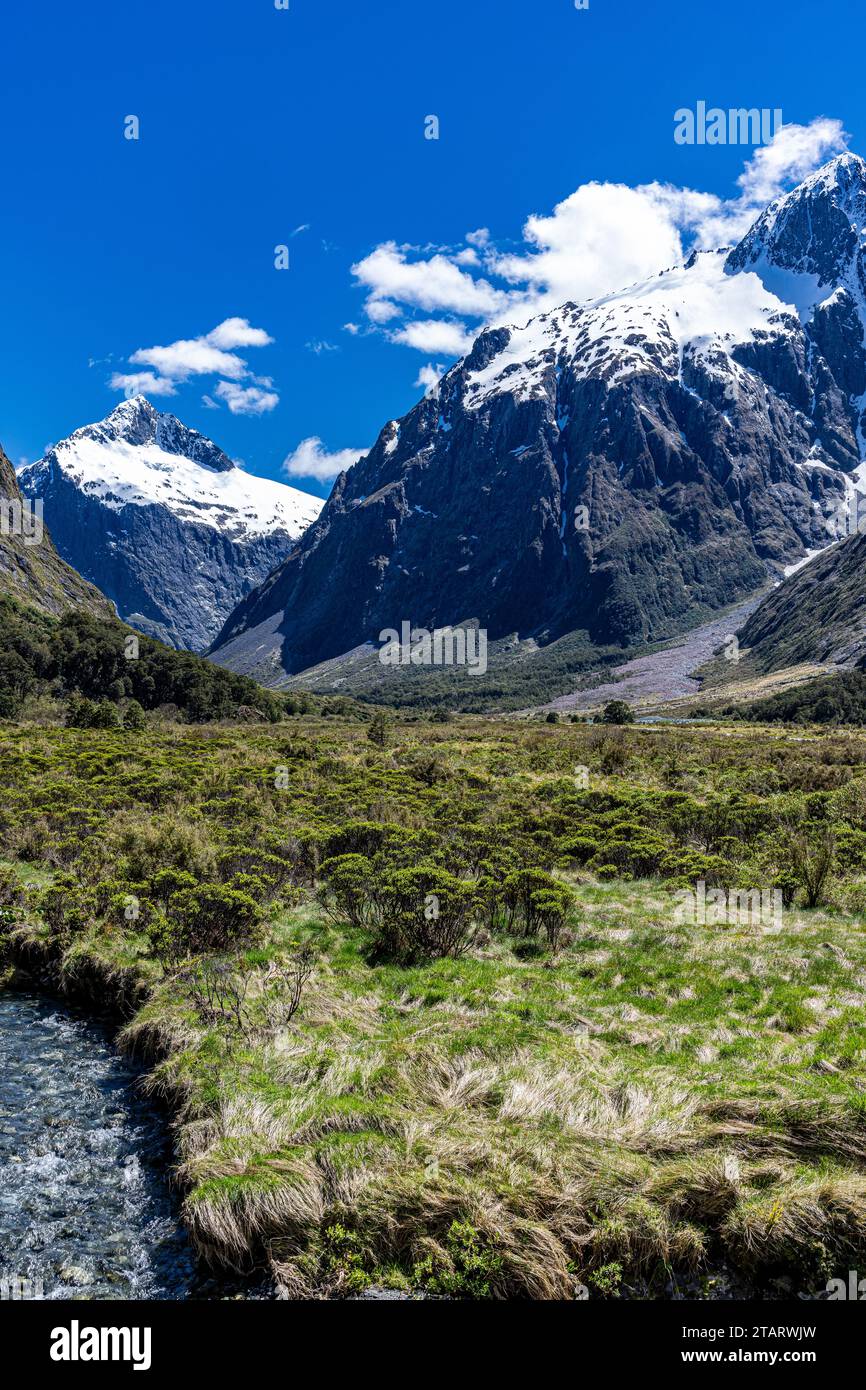 Snow Capped Peaks of the Southern Alps on the way up Mckinnon Pass Stock Photo