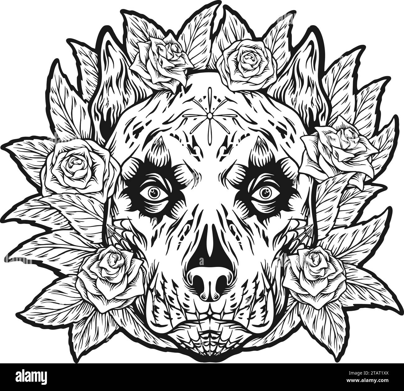 Floral fantasy dog head muerte monochrome vector illustrations for your