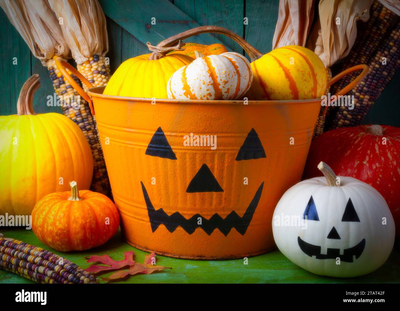 Halloween Bucket And Pumpkin Still Life Stock Photo