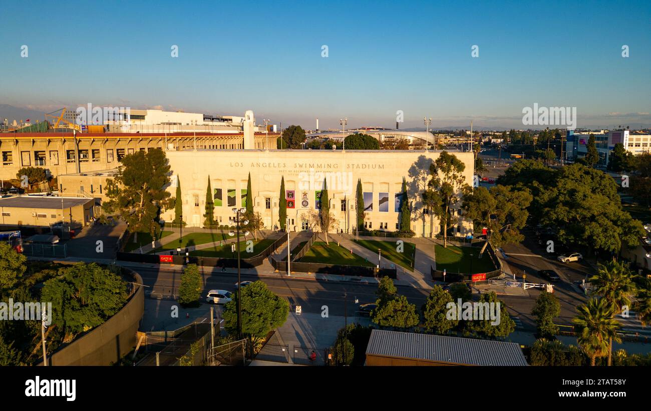Los Angeles, CA - November 17, 2023: Los Angeles Swimming Stadium with Los Angeles Memorial Coliseum in the background Stock Photo