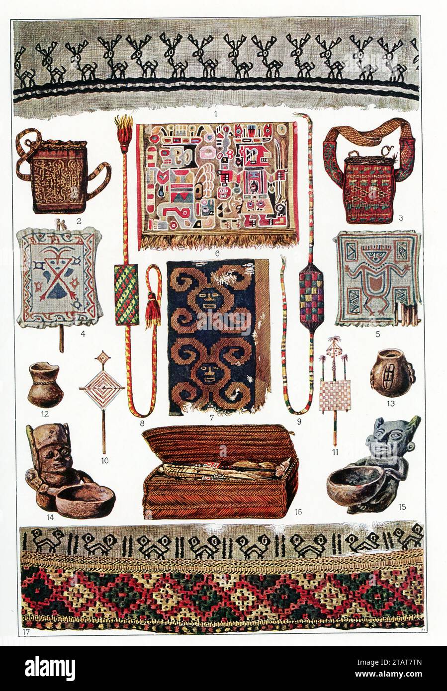 This 1907 image shows Peruvian artifacts from the time of the Inca. They are, from left to right, top to bottom: 1) Decorated border of woven cotton garment; 2-3) belts made of reed-lined fabric with ribbon to be placed around shoulder; 4-5) painted gravestones with cotton covering most likely a filigree of human figure – perhaps just adornment or a figure meant to subdue evil spirits; 6) dress robe fashioned as tapestry design; 7) ornamented garment; 8-9) ornamented braids placed in graces of those who died; 10-11) grave tablets made of reeds; 12-13) urns; 14-15) vessels with human figures fo Stock Photo
