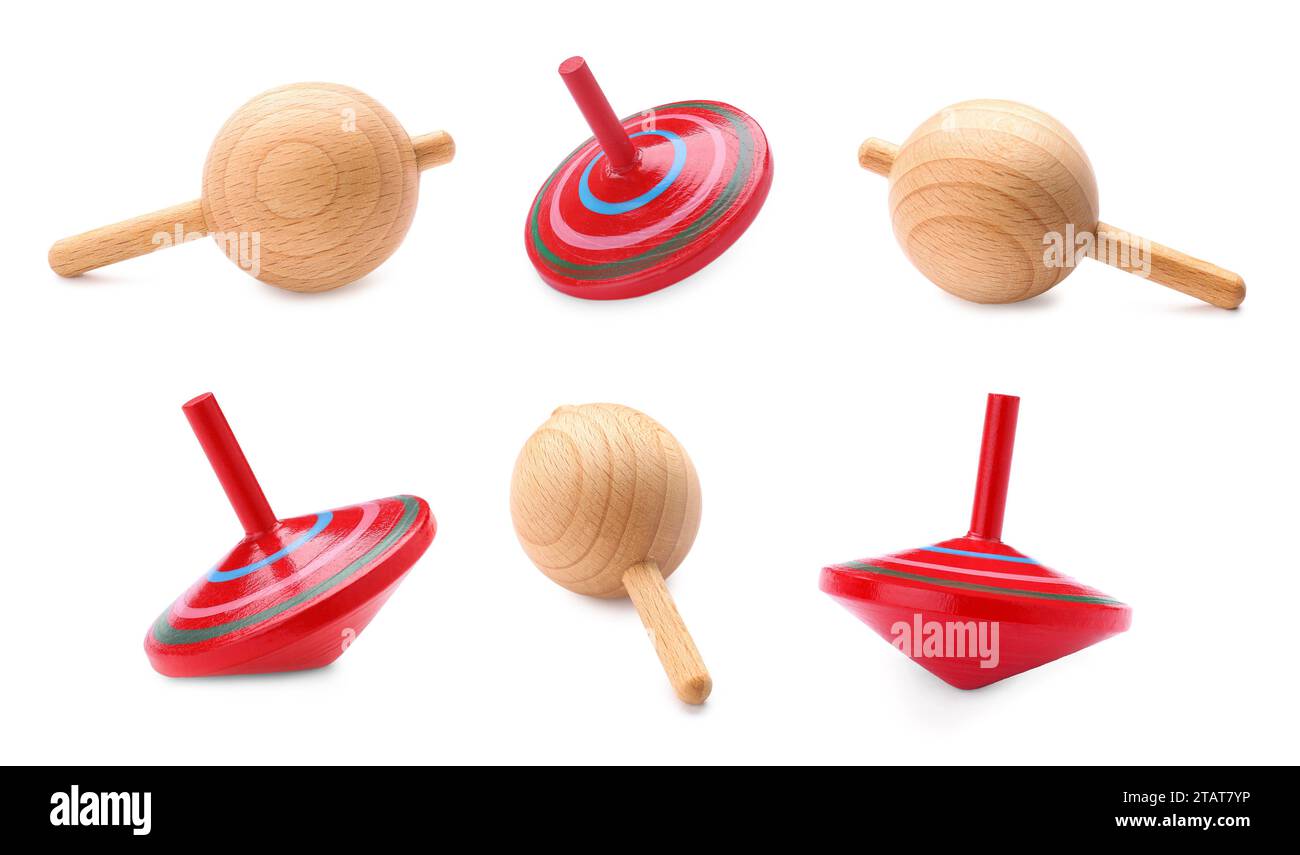 Tuoluo Different spinning tops isolated on white. Toy whirligig Stock Photo ...