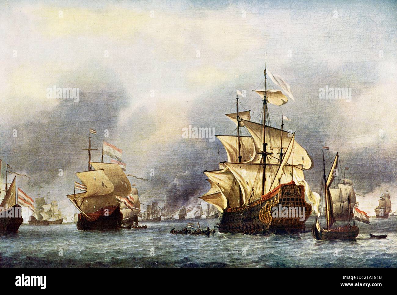 This image shows:  “Sea fight between England and Holland June 1666.” This conquest of the English ship “Royal Prince” occurred on June 13, 1666.  was painted by Willem van der Velde, the Younger (1633-1707). It is housed in the Rijksmuseum in Amsterdam. On 13 June 1666, the third day of the Four Days’ Battle, the English flagship the Royal Prince ran aground on a sandbank off the English coast. It was then captured by Cornelis Tromp, who transferred its crew to his vessel, the Gouda (at left). Admiral de Ruyter commanded Tromp to burn this prize. He would have preferred to tow it back to the Stock Photo