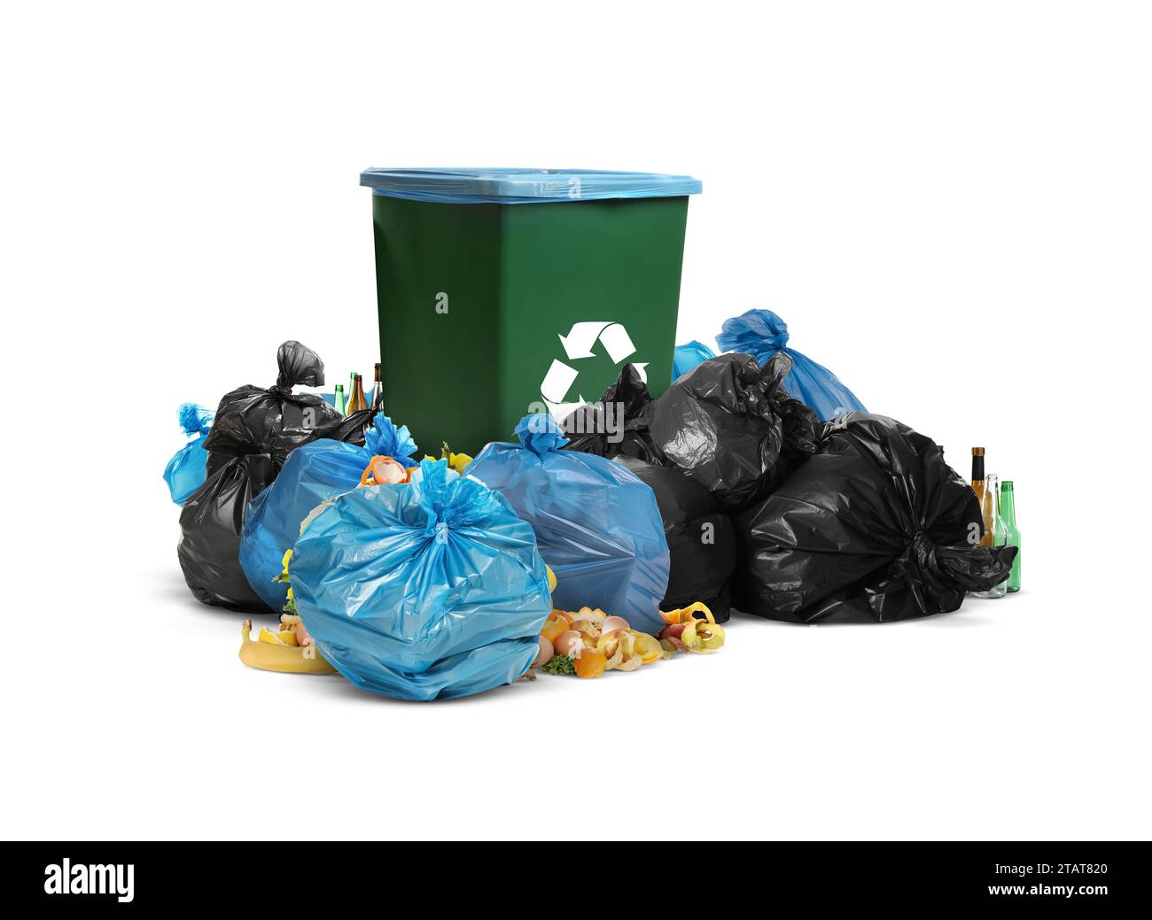 Waste bin, plastic bags and garbage on white background Stock Photo