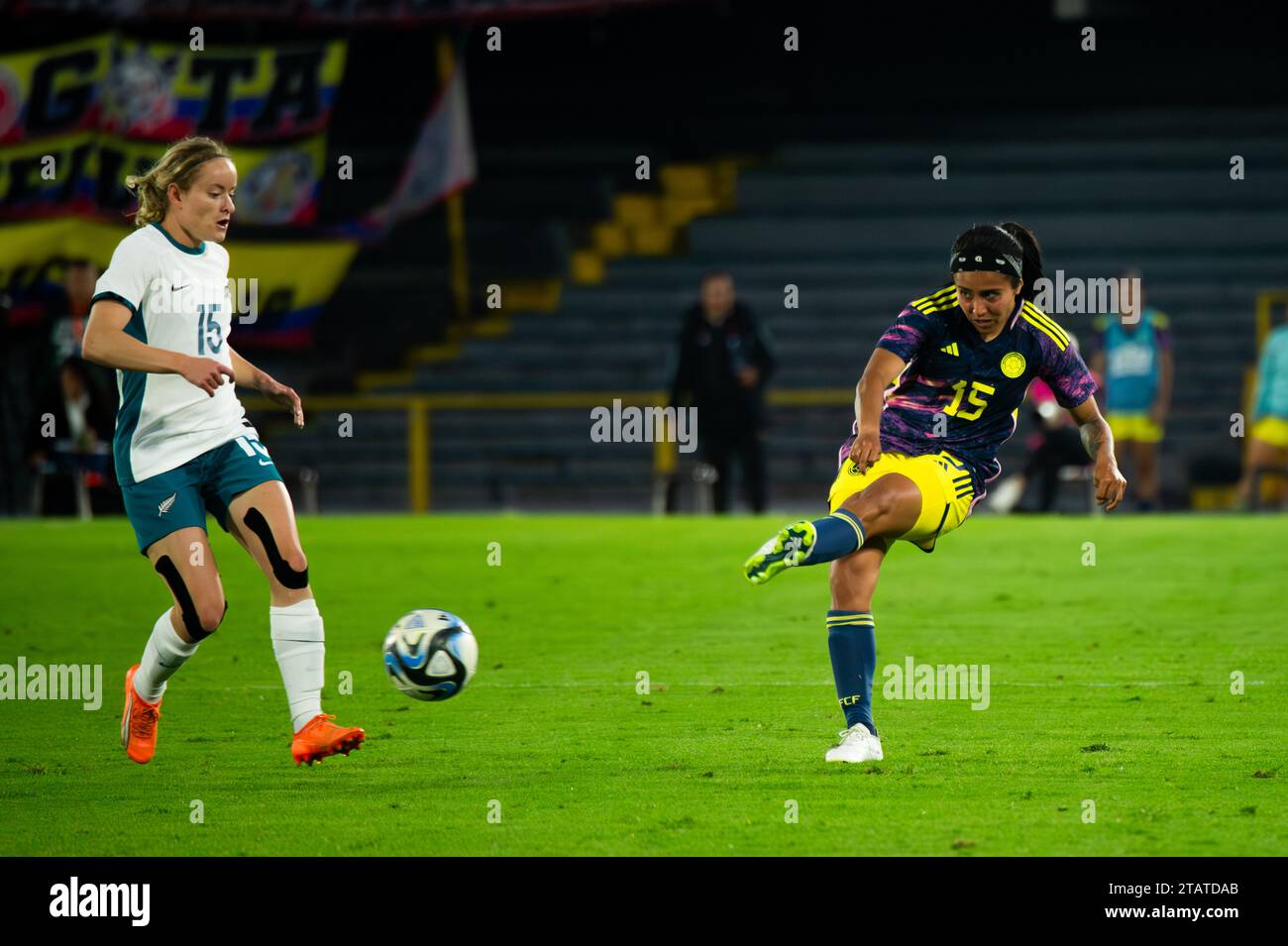 Bogota, Colombia. 02nd Dec, 2023. New Zealand's Paige Satchell (L) and Colombia's Viviana Acosta during the woman international friendly match between Colombia and New Zealand at El Campin Stadium in Bogota, December 2, 2023. Photo by: Sebastian Barros/Long Visual Press Credit: Long Visual Press/Alamy Live News Stock Photo