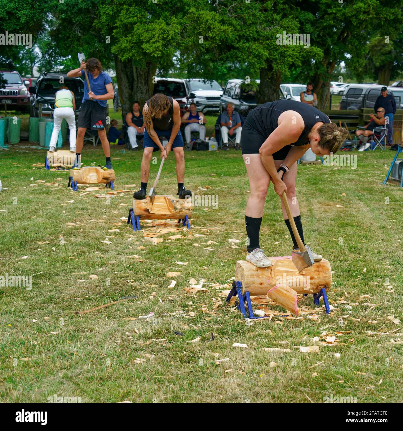 Marchwood Park, Motueka, Tasman District, Aotearoa / New Zealand – December 2, 2023: Men and women compete in an axe wood chopping competition at the Stock Photo