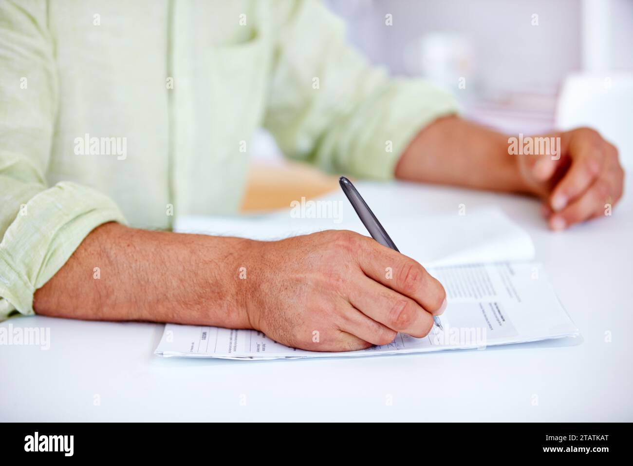 Closeup, hands and entrepreneur with man, contract and professional with information, paperwork and signing. Person, employee and guy with documents Stock Photo