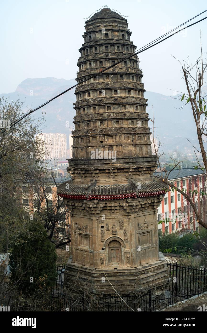 Ornamental Pagoda, built during the Liao Dynasty(907–1125), at Tuoli in Fangshan County of Beijing. It is one of the oldest of its kind in China. 2023 Stock Photo