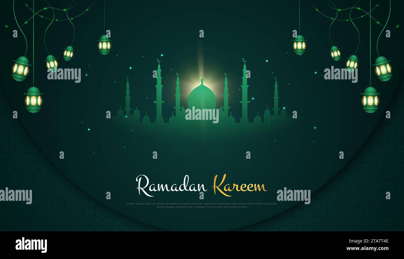 Ramadan Kareem Background with Silhouette of Mosque and Hanging Lanterns on Dark Background Stock Vector