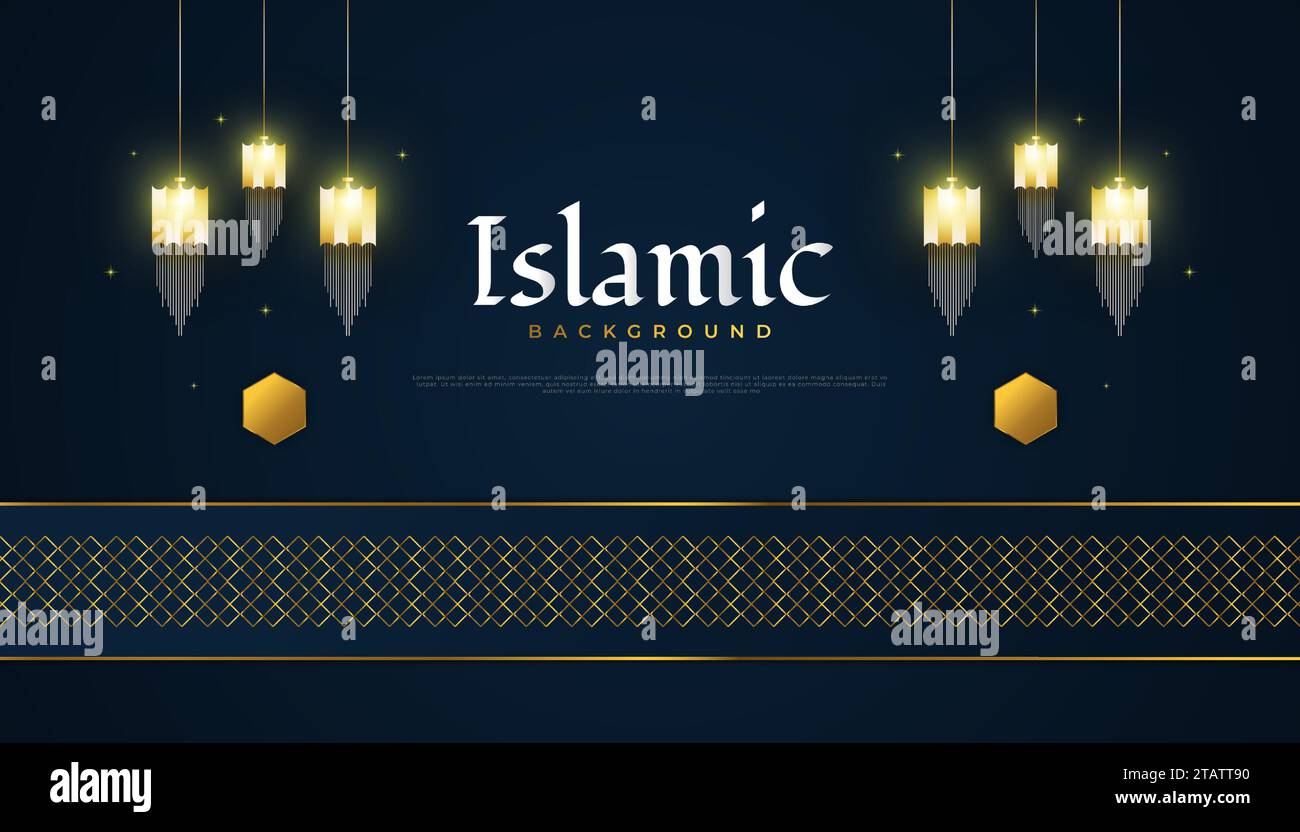 Islamic Background with Gold Arabic Lanterns and Abstract Elegant Pattern on Dark Background for Banner or Greeting Card Stock Vector