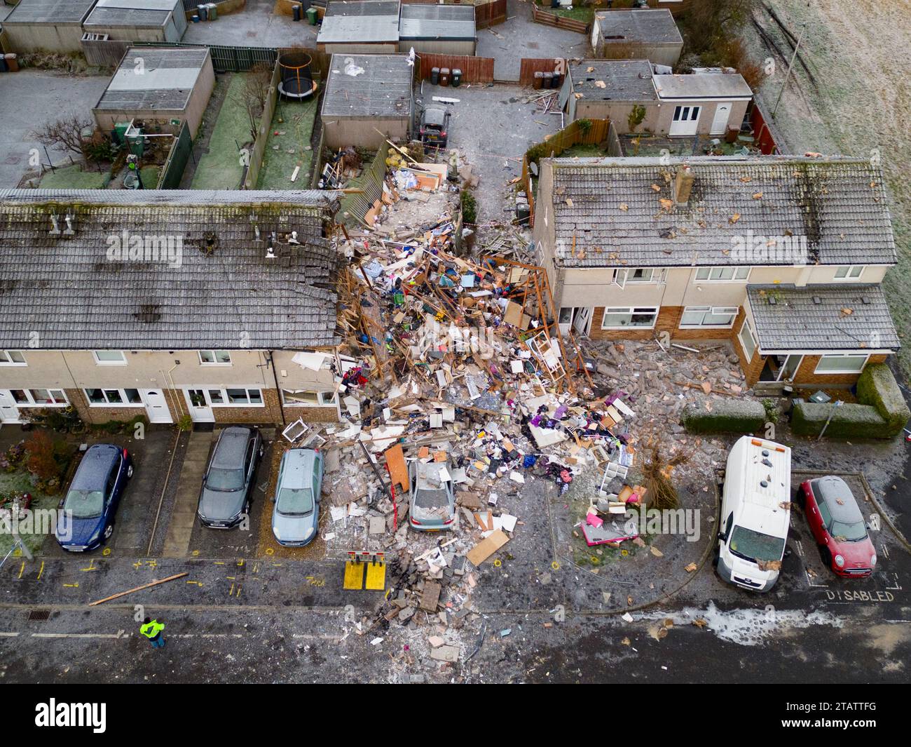 Aerial views of aftermath of fatal gas explosion at house in Baberton