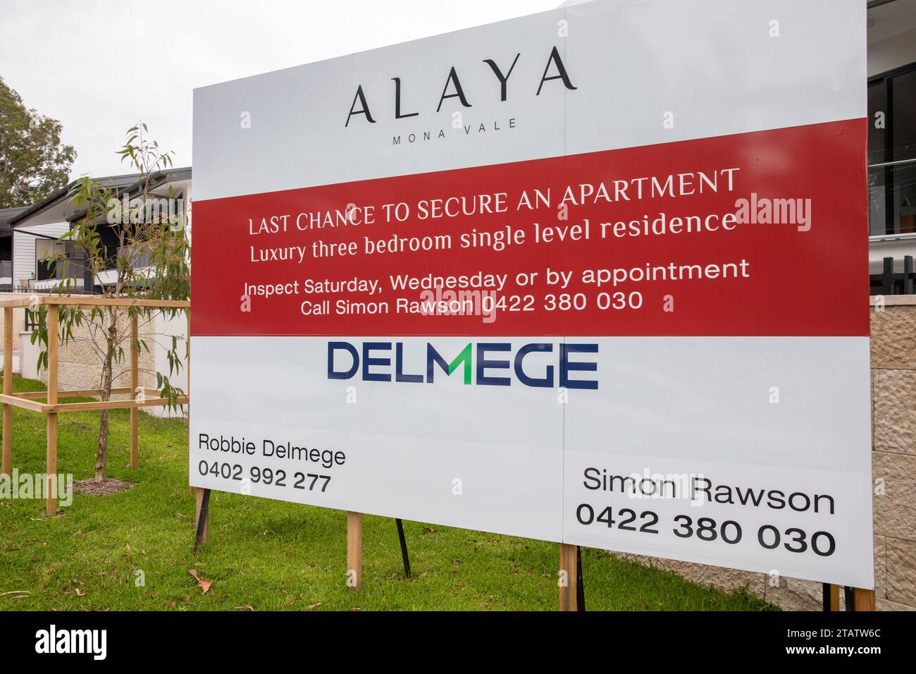 New apartments units built in Mona Vale Sydney, agent Deluge with large marketing board