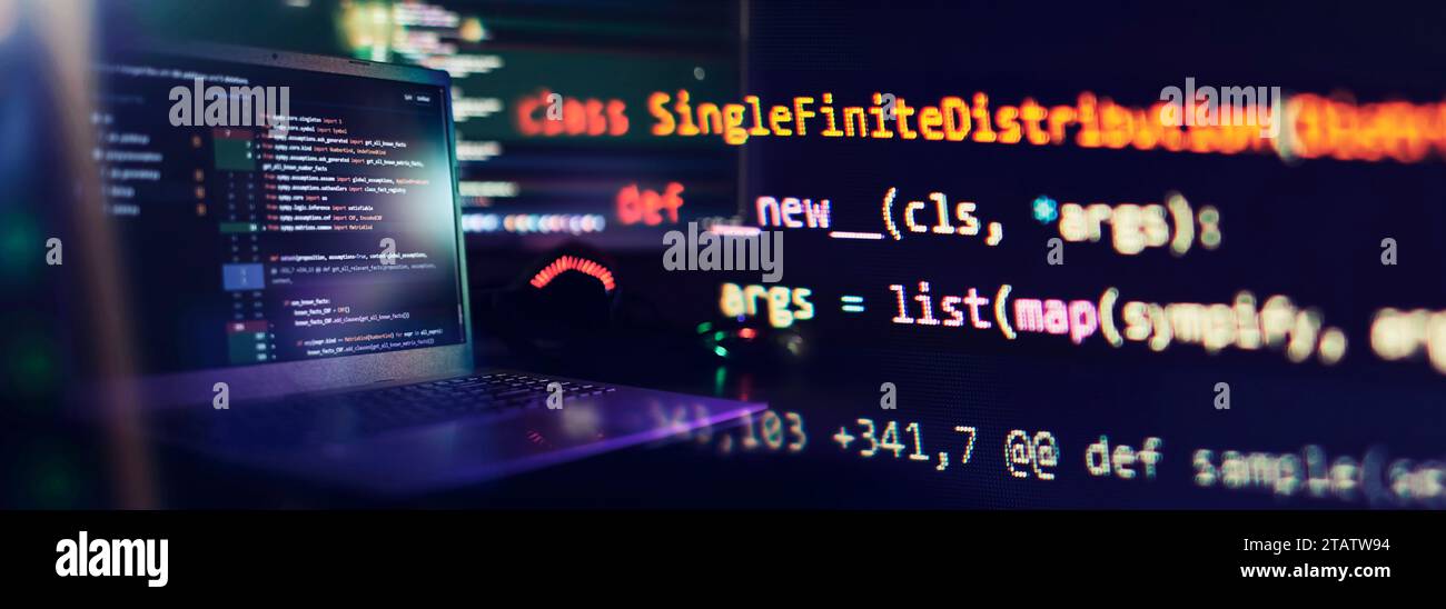 IT specialist workplace. Computer code data. Project managers Stock Photo