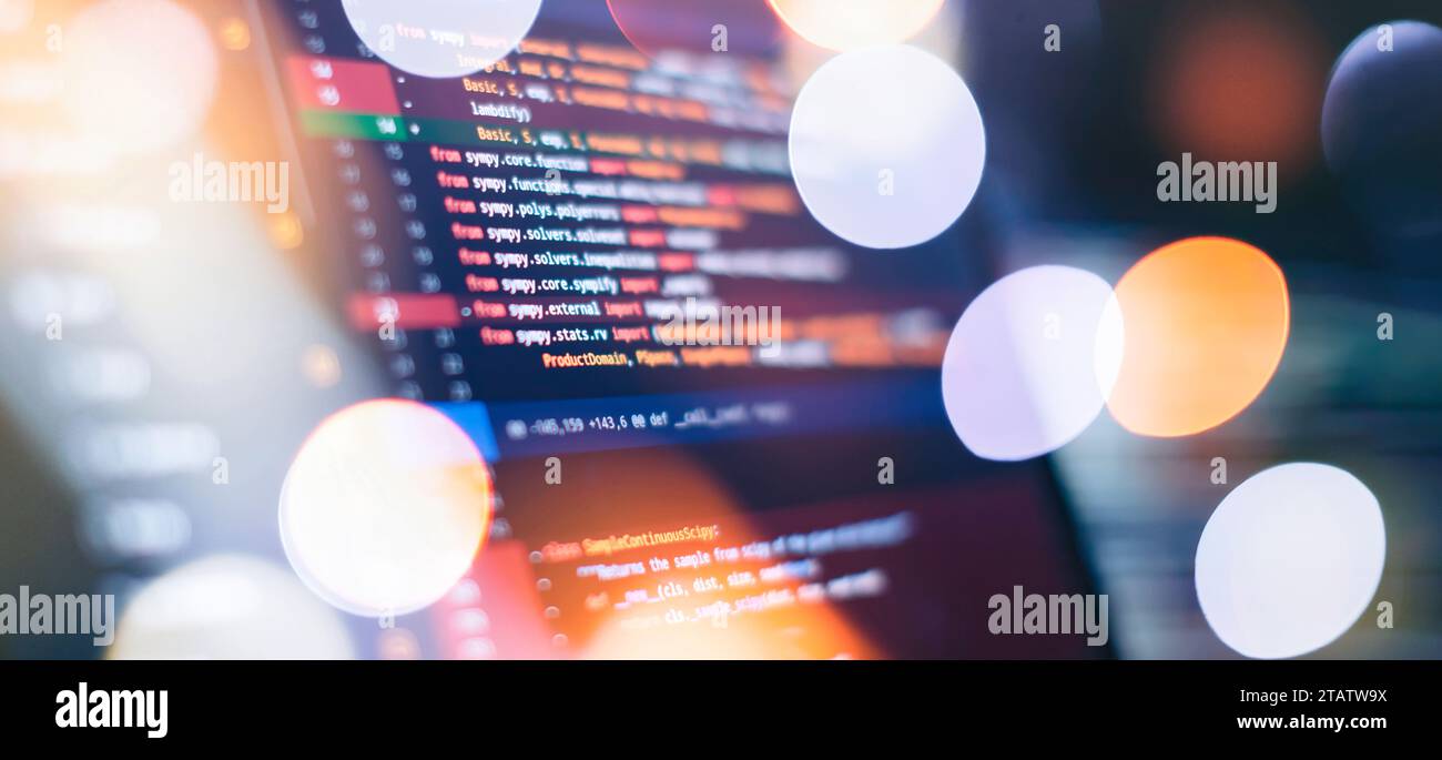 Running Computer data programming. Coding script text on screen. Notebook closeup photo. Stock Photo