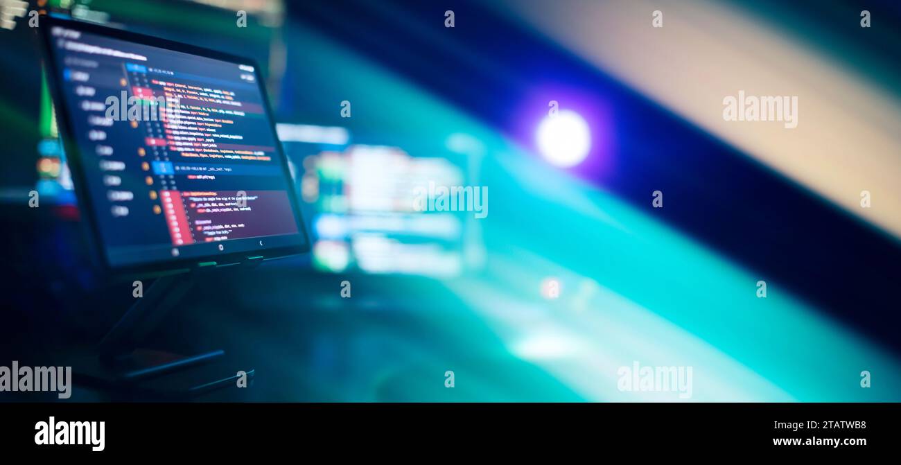 Running Computer data programming. Coding script text on screen. Notebook closeup photo. Stock Photo