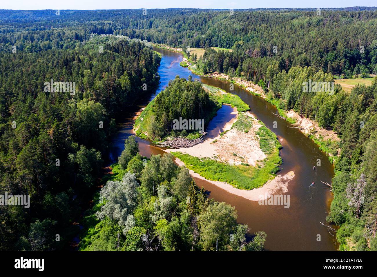 Aerial View Of A Gauja River, Beautiful River Surrounded With Lush ...