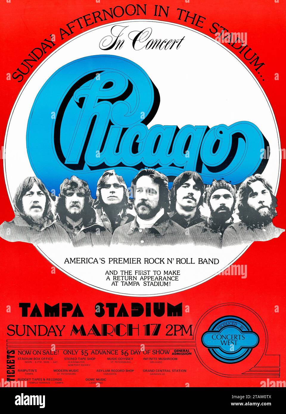 Chicago - 1974 Tampa Stadium Concert Poster - window card Stock Photo