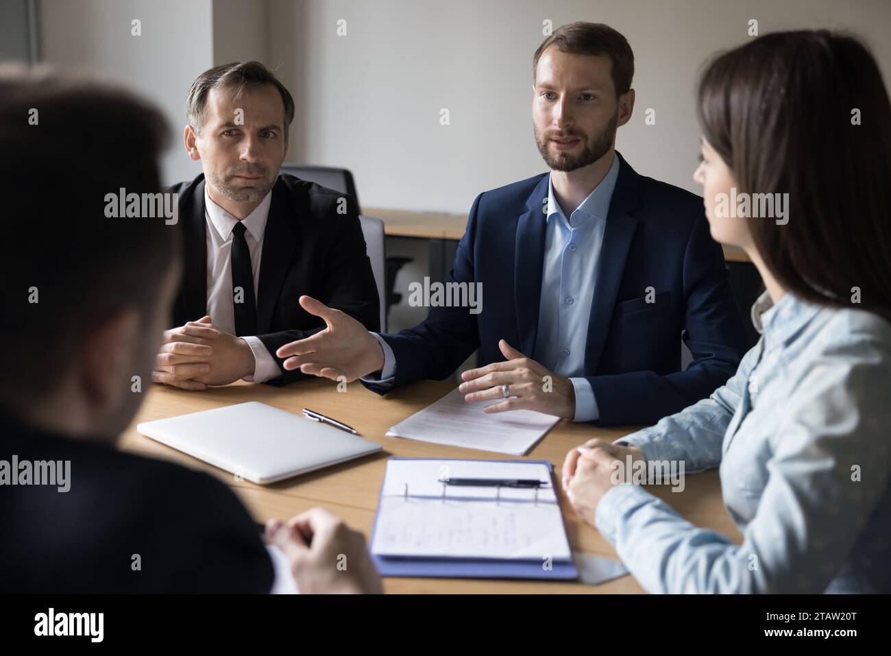 Businessman make speech at meeting with clients Stock Photo