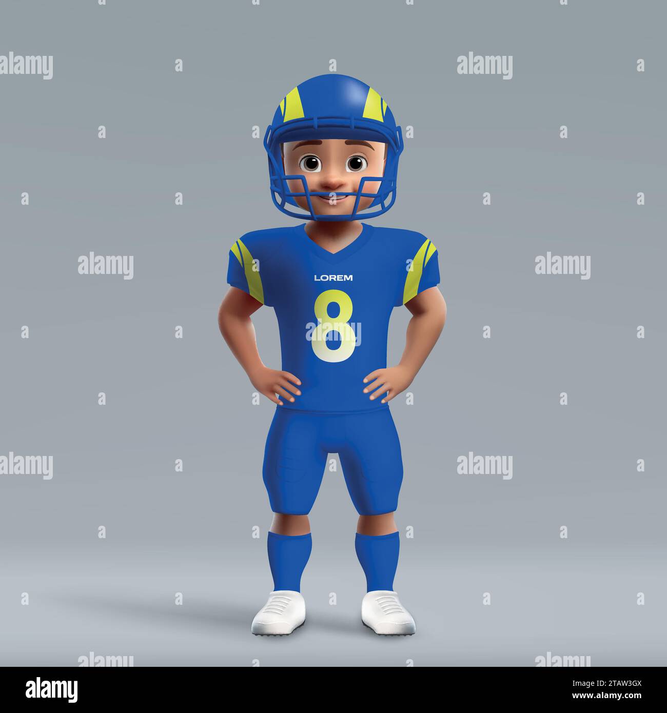 3d cartoon cute young american football player in Los Angeles Rams