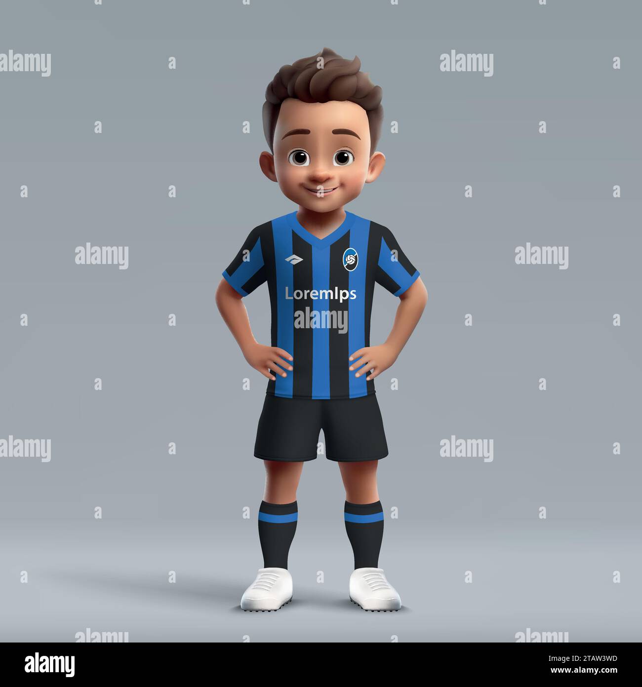 3d cartoon cute young soccer player in Atalanta football uniform