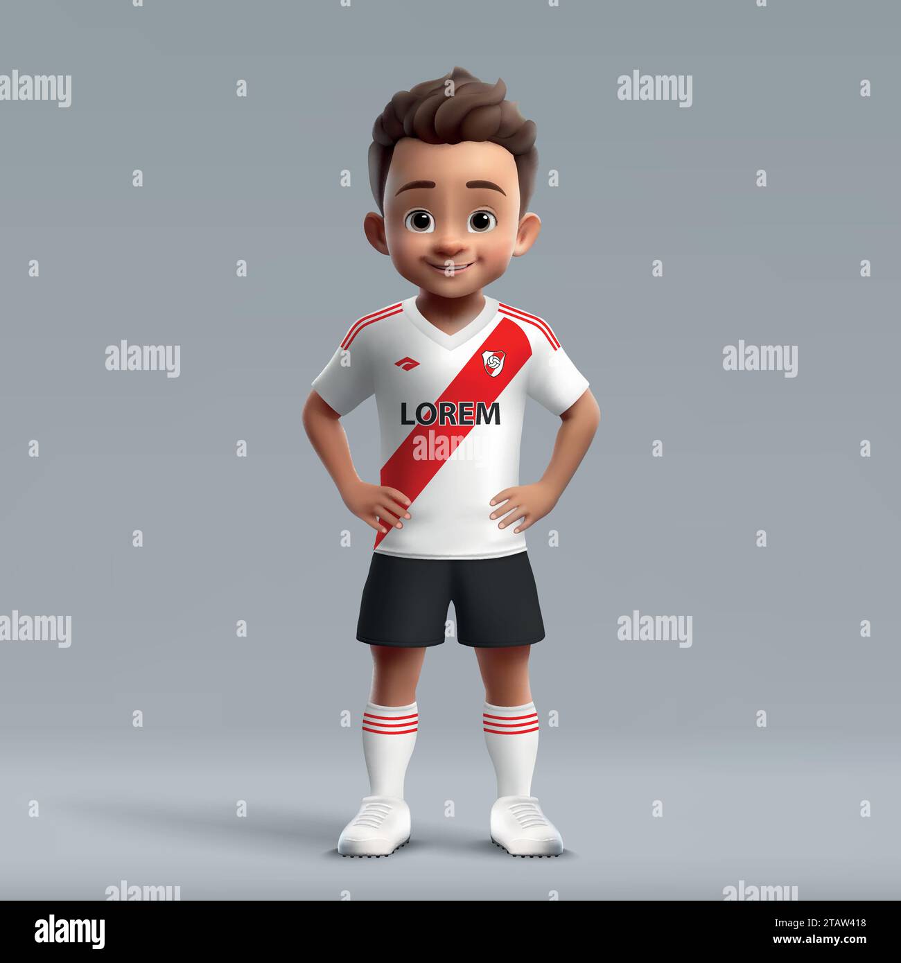3d cartoon cute young soccer player in River Plate football uniform