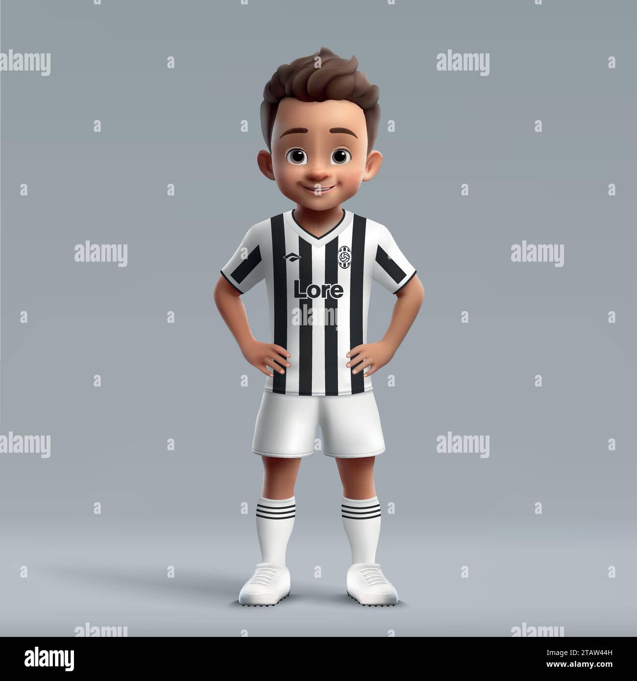 3d cartoon cute young soccer player in Juventus football uniform. Football team jersey Stock Vector