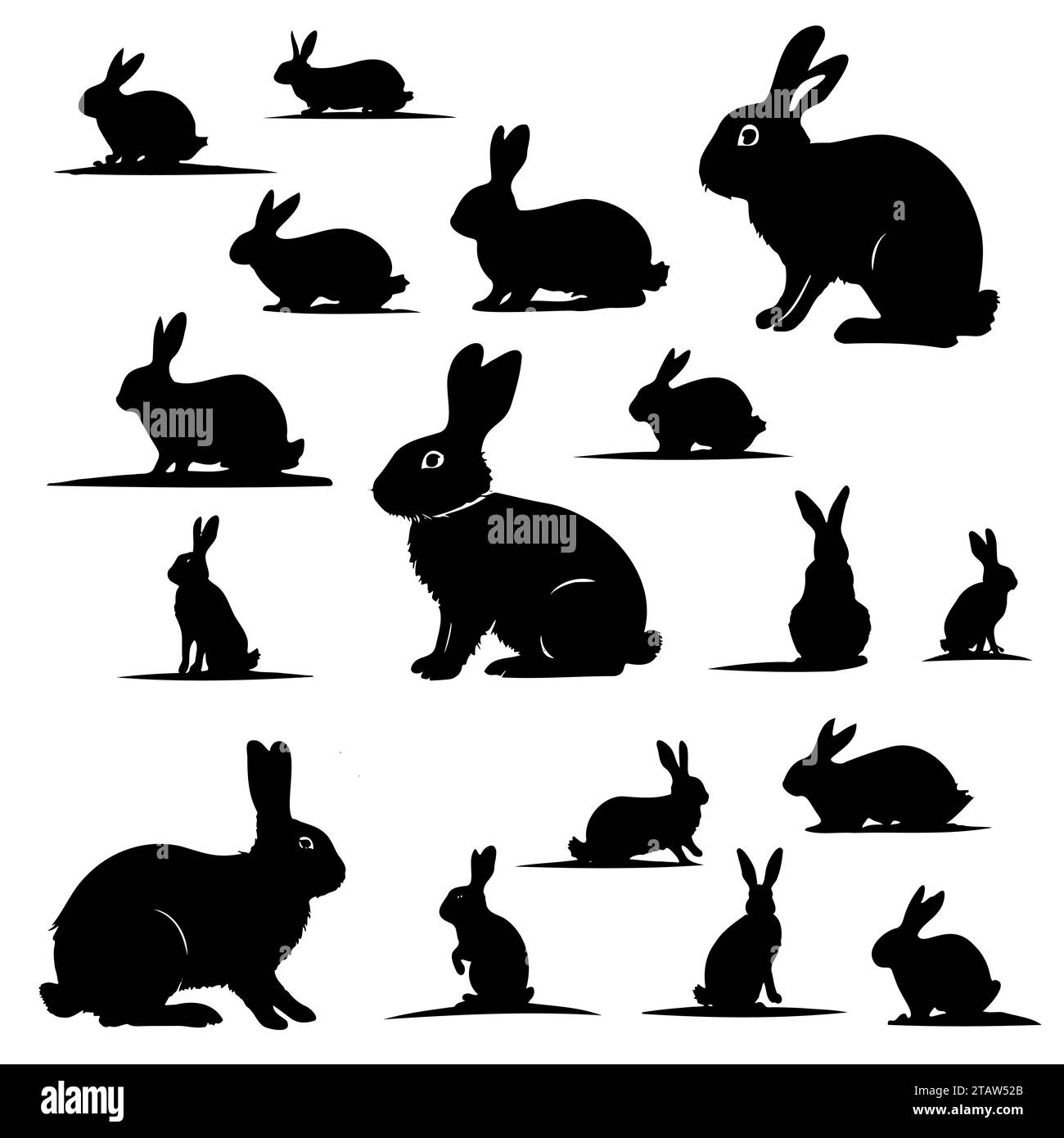 Various silhouettes easter bunnies isolated on white background. Set different rabbit silhouettes for design use. Stock Vector