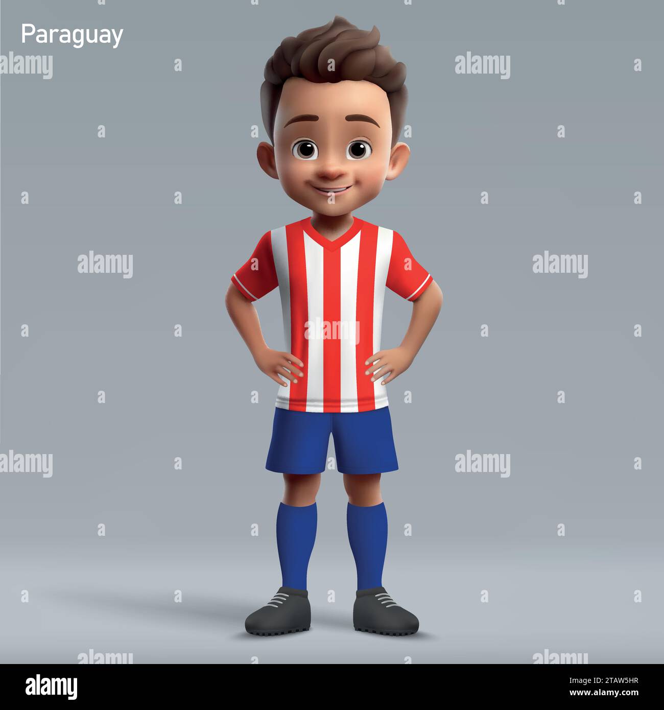 3d cartoon cute young soccer player in Paraguay national team kit. Football team jersey Stock Vector